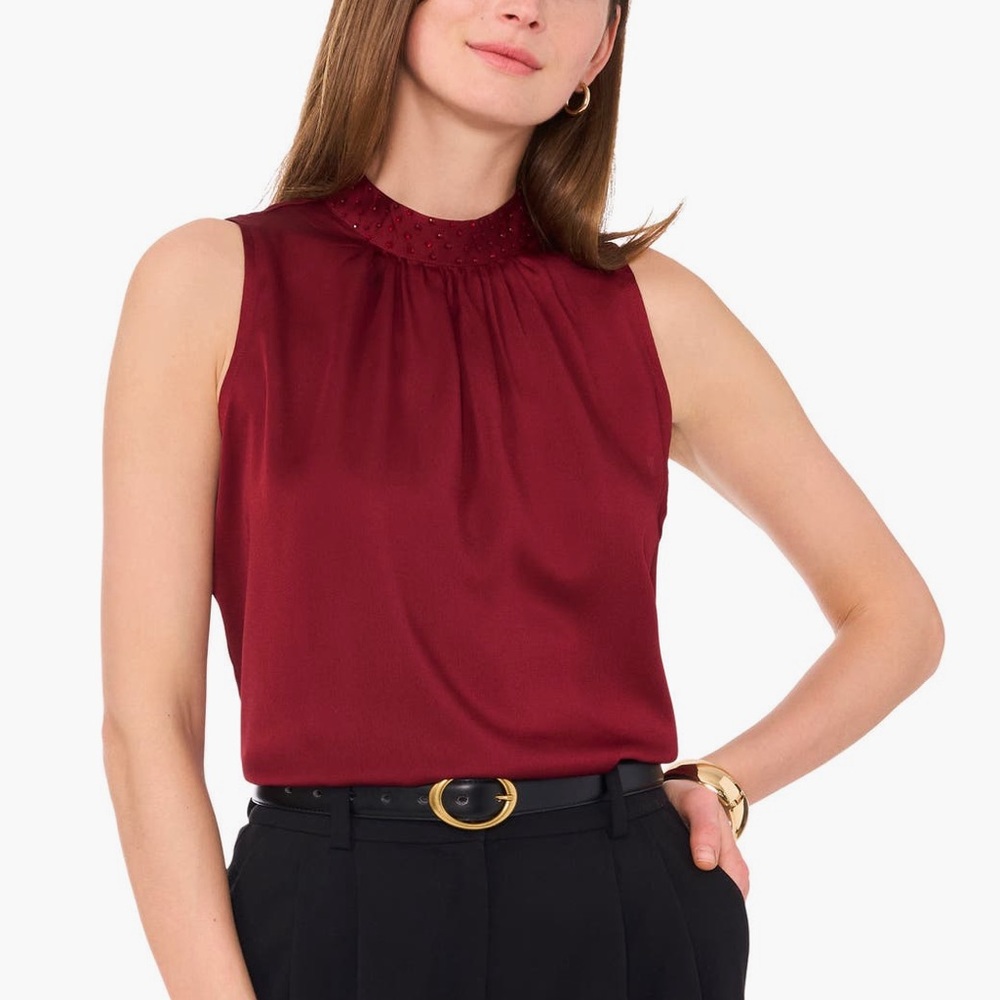 Vince Camuto Beaded Mock Neck Sleeveless Hammered Top